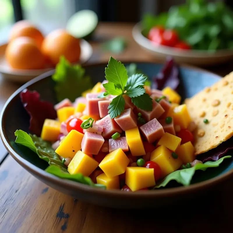 Plato hondo de cerámica blanca con ceviche de atún en cubos rosados, mango en dados amarillos, cebolla morada, cilantro fresco y semillas de sésamo, servido sobre hojas de lechuga romana, decorado con rodajas de lima y un toque de chile piquín en polvo.