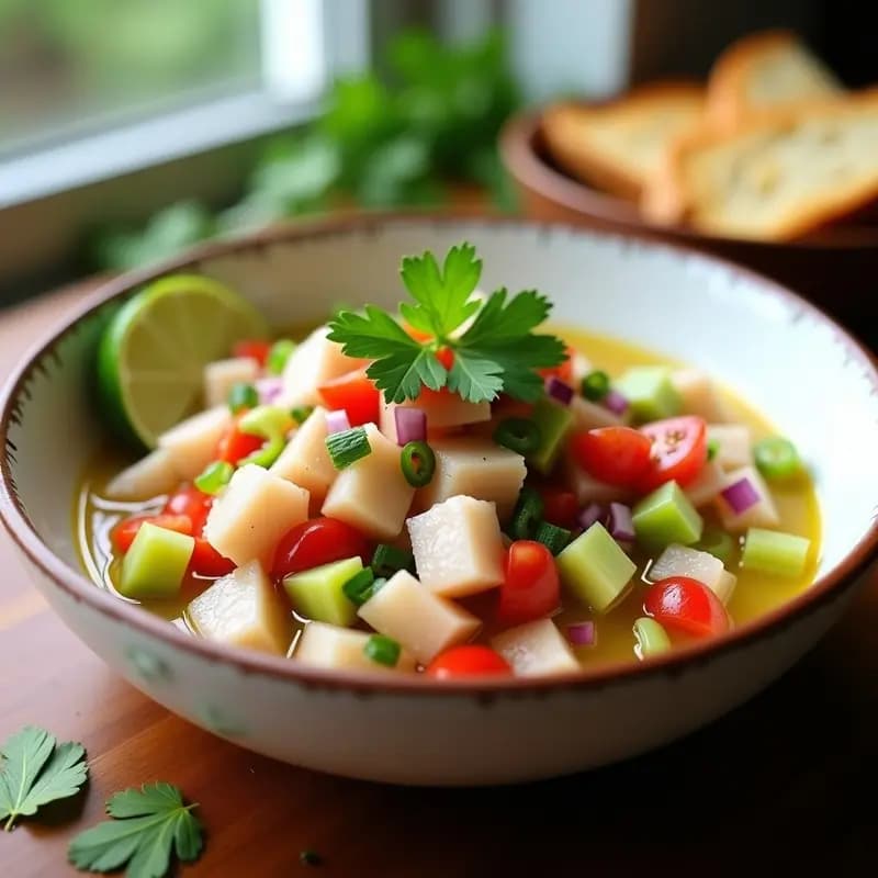 Plato hondo de cerámica blanca con ceiche de atún en dados, bañado en leche de tigre de noní y limón de pica, acompañado de cebolla morada, tomate, apio y cilantro fresco. Receta ecuatoriana antioxidante servida con tostadas crujientes.