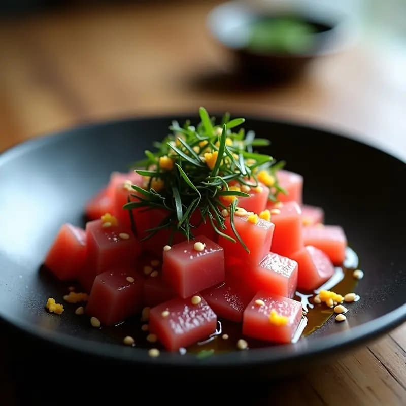 Ceviche de atún rojo fresco en cubos, marinado con yuzu y jengibre, decorado con algas nori en tiras, semillas de sésamo tostadas y un hilo de aceite de oliva virgen extra. Servido en un plato de cerámica negra con fondo de cebolla morada y pimiento rojo en juliana.