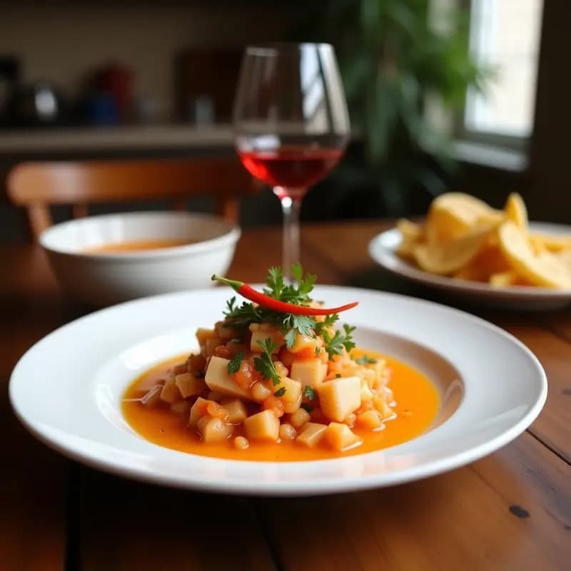 Plato de pizarra con ceviche de atún rojo en cubos, bañado en leche de tigre amarilla con chile de árbol, decorado con cebolla morada, culantro y hojas de shiso. Presentación gourmet peruana con toques de ajonjolí negro.