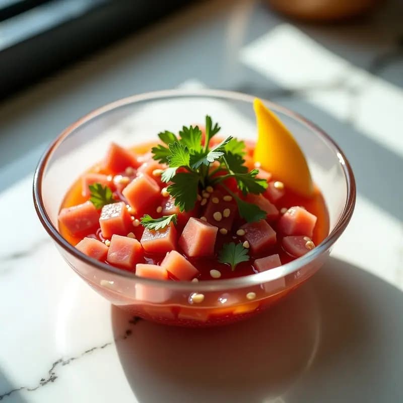 Ceviche de atún rojo fresco en cubos marinados con lulo, cilantro y ají amarillo, servido en copa de cristal sobre fondo blanco. Incluye cebolla morada, pimiento rojo, hinojo y semillas de sésamo tostadas como decoración.