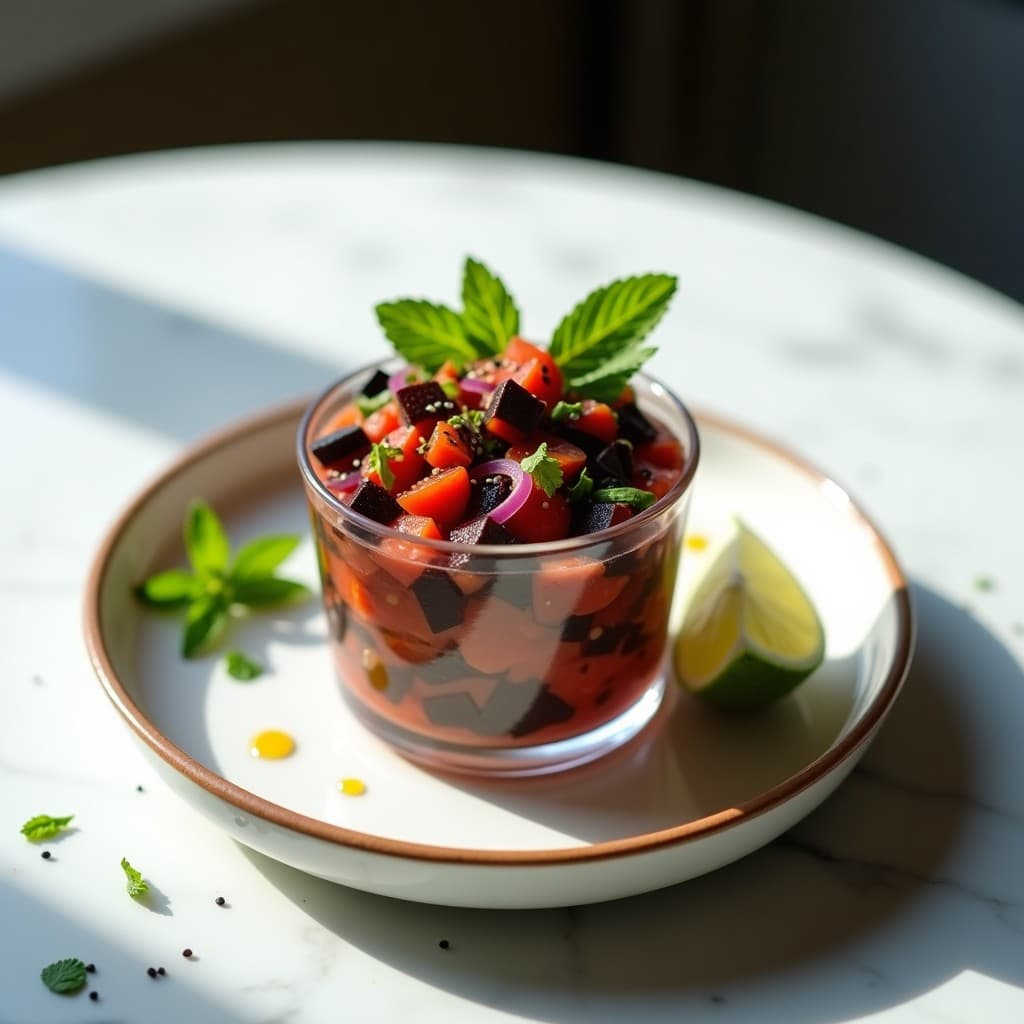 Ceviche vegano colombiano-peruano en copa de cristal: berenjena ahumada en cubos dorados, tomate de árbol rojo intenso, cebolla morada en juliana y cilantro fresco, decorado con semillas de sésamo negro sobre fondo blanco.