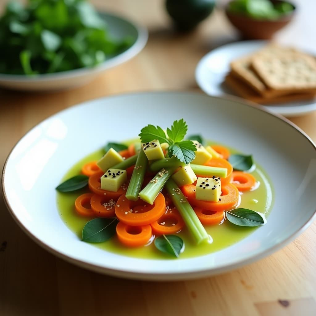 Plato rectangular blanco con ceviche de zanahoria en juliana naranja brillante, bañado en leche de tigre verde. Acompañado de rodajas de apio, tiras de pimiento verde, hojas de espinaca y cubos de aguacate. Decorado con semillas de sésamo y cilantro fresco, servido con crackers integrales al lado.