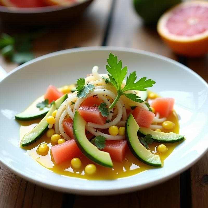 Plato blanco con ceviche de calabacín y pomelo rosa en rodajas finas, bañado en leche de tigre de cúrcuma de color dorado. Acompañado de aguacate en cubos, granos de maíz y decorado con hojas de cilantro fresco. Receta vegana y fresca.