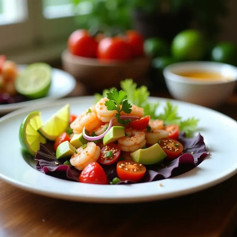 Ceviche de camarón ecuatoriano servido en copa de cristal con capas visibles de camarones rosados, aguacate cremoso, cebolla morada y tomate, decorado con semillas de sésamo, hojas de cilantro y rodajas de lima verde.