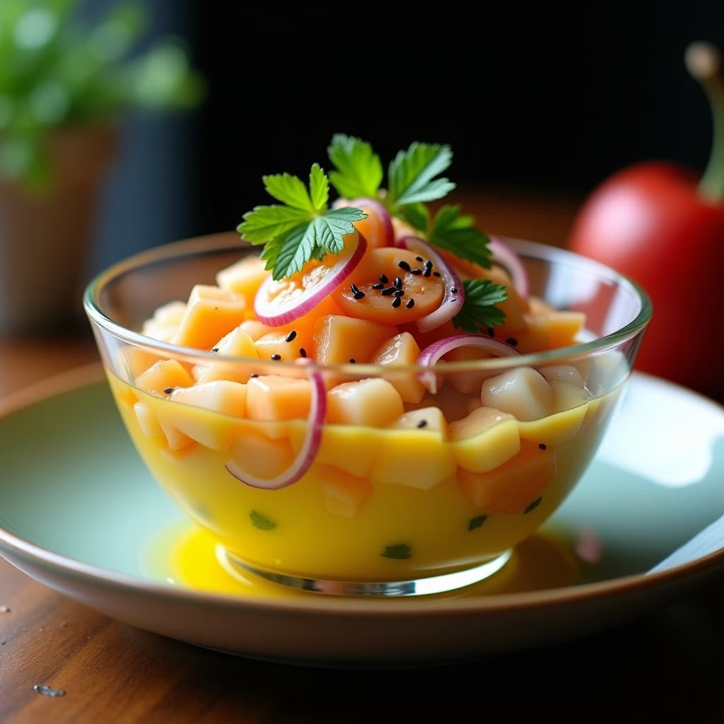 Ceviche Nikkei de camarón y chirimoya con leche de tigre de maracuyá servido en copa de cristal sobre fondo negro, decorado con hojas de cilantro, menta y semillas de sésamo negro.