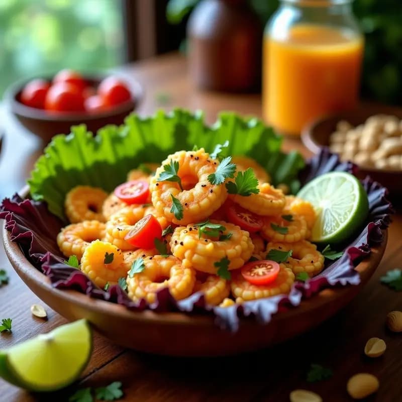 Plato hondo de cerámica blanca con ceviche de camarón al estilo ecuadoriano: camarones rosados marinados en leche de tigre anaranjada, sobre rodajas doradas de plátano macho asado, decorado con juliana de cebolla roja, cilantro fresco y rodeado de chifle crujiente. Fondos desenfocados de limones y plátanos.