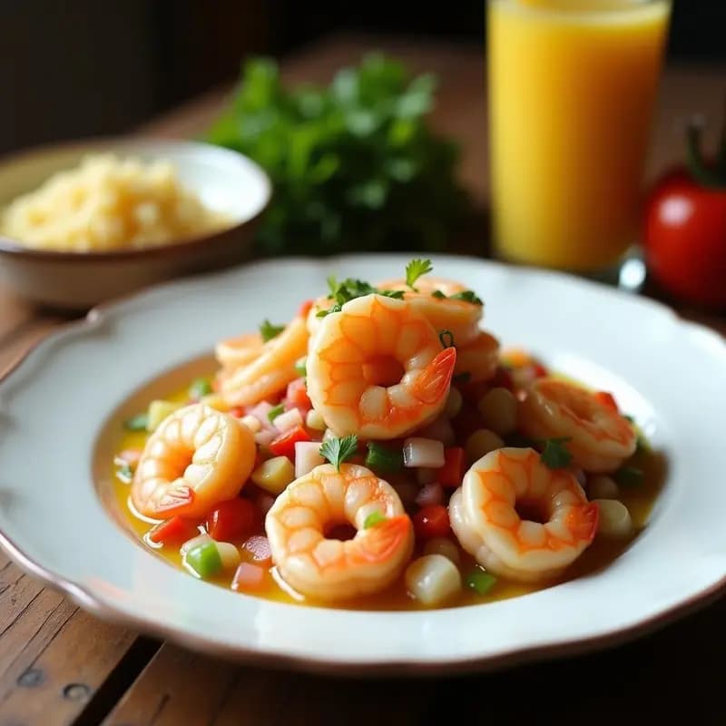 Ceviche de camarón ecuatoriano con leche de coco servido en un plato hondo de barro, decorado con hierbabuena y rodeado de tostadas de maíz sin gluten, con trozos de cebolla morada, tomate y pimiento rojo visibles.