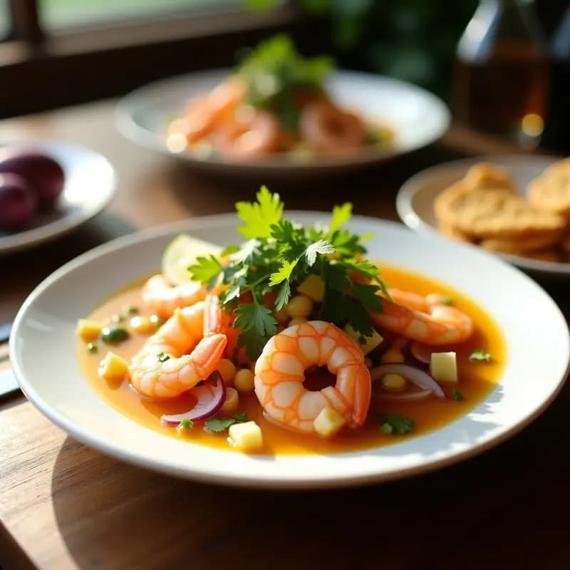 Ceviche de camarón y leche de tigre de lulo servido en plato blanco hondo, con camarones rosados marinados, cebolla morada, culantro fresco, rodajas de camote morado y maíz tostado, receta peruana tradicional sin gluten.