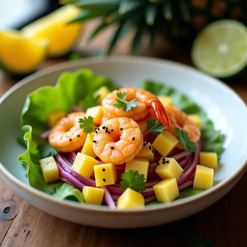 Plato de ceviche de camarón con leche de tigre de piña, servido sobre hojas de lechuga morada, con trozos de piña fresca, cebolla roja, cilantro y crujiente de maíz tostado espolvoreado, decorado con semillas de sésamo negro y un hilo de aceite de oliva.