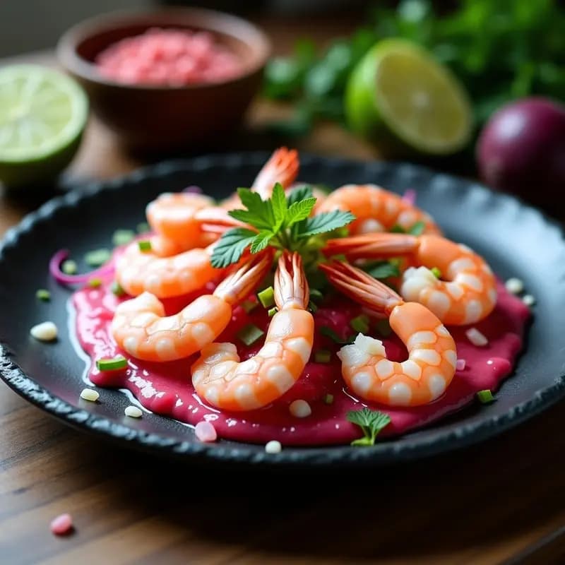 Plato de pizarra con ceviche de camarón encurtido bañado en leche de tigre rosa vibrante, decorado con cebolla morada, apio, cilantro y hojas de menta. Fondos borrosos de ingredientes frescos como remolacha y limón verde.