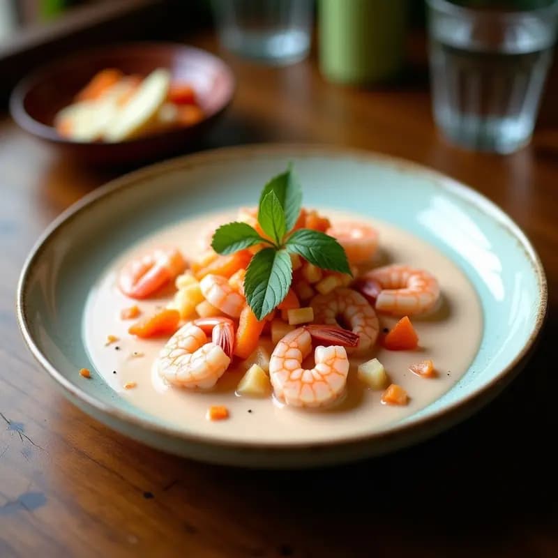 Ceviche tailandés servido en copa de cristal con camarones rosados, trozos de lichi transparente y leche de coco espumosa, decorado con cacahuetes triturados, menta fresca y rodajas de lima kaffir sobre fondo blanco.
