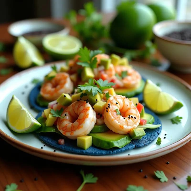 Plato de ceviche de camarón al limón y cilantro servido sobre tostadas de maíz azul con aguacate en cubos, cebolla morada, cilantro fresco y semillas de sésamo negro, acompañado de hojas de lechuga romana. Receta mexicana fresca y alta en proteína.