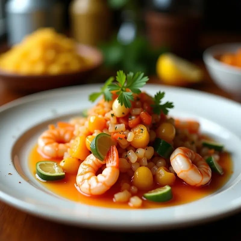 Plato de ceviche de camarón y lulo sobre hojas de lechuga morada, decorado con cubos de aguacate, semillas de sésamo y rodajas de limón verde. Receta ecuatoriana fresca y cítrica con ají amarillo.