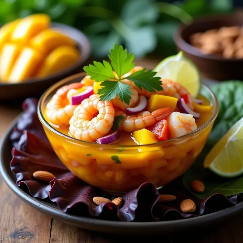 Ceviche de camarón con mango y cúrcuma servido en copa de vidrio transparente, con trozos de camarón rosado, cubos de mango dorado, cebolla morada y cilantro fresco. Decorado con semillas de sésamo y un toque de cúrcuma en polvo espolvoreada.