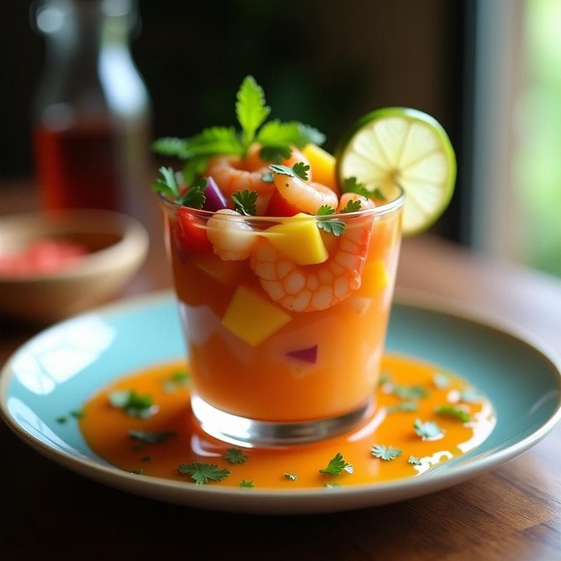 Ceviche de camarón y mango con leche de tigre de tamarillo servido en copa de cristal, con trozos de mango amarillento, camarones rosados y cebolla morada. Decorado con hojas de cilantro y rodajas de limón al lado. Plato fresco y colorido típico ecuatoriano.