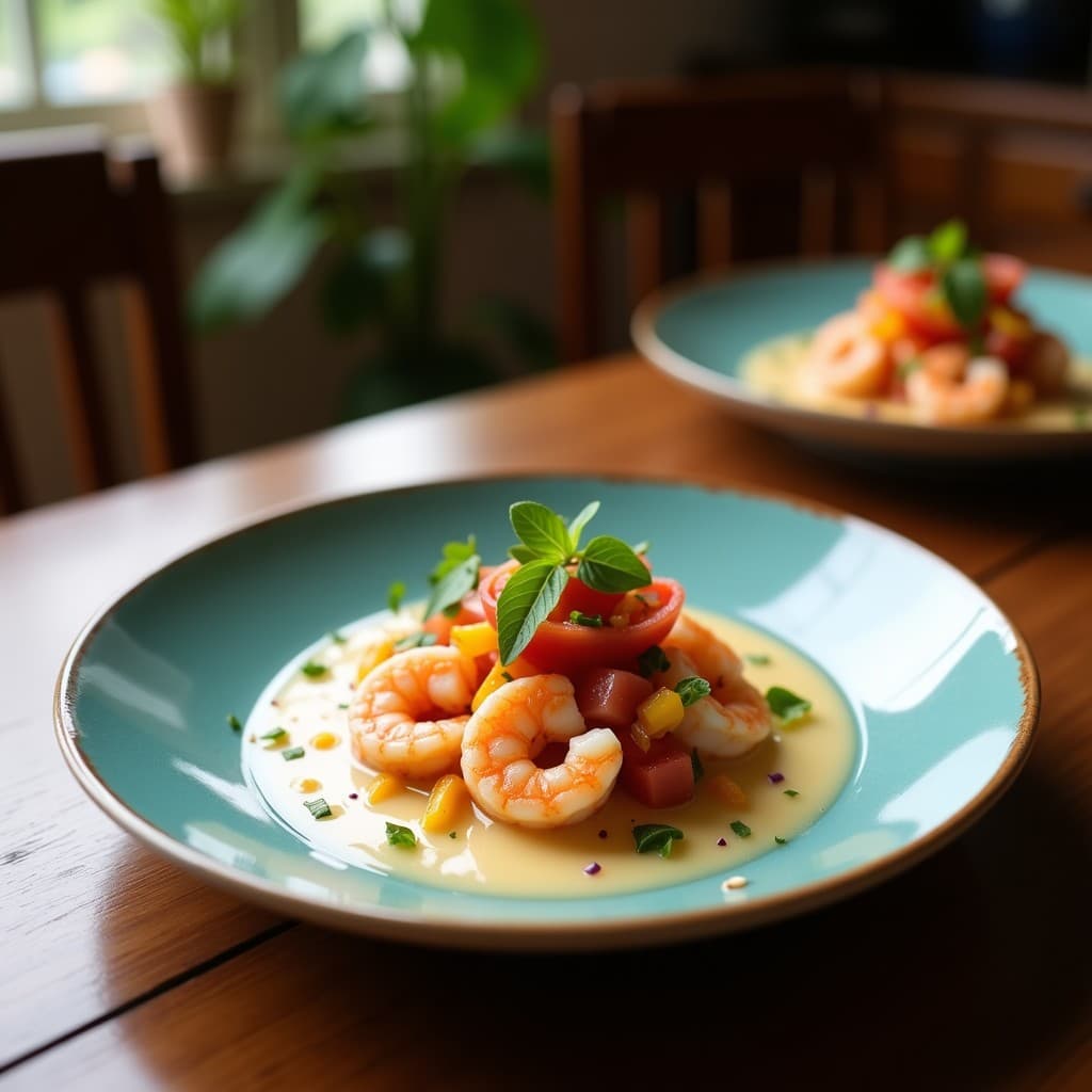 Ceviche de camarón y maracuyá con leche de coco servido en hoja de lechuga romana, acompañado de cancha serrana tostada y decorado con rodajas de maracuyá y cilantro fresco, receta peruana en olla express.