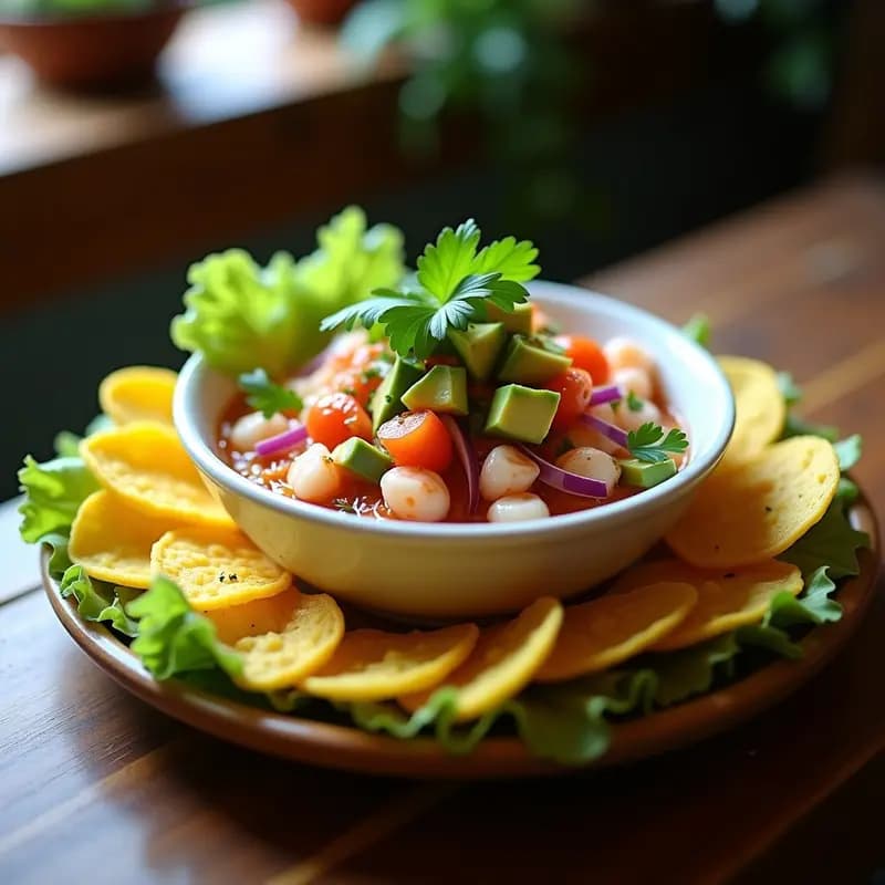 Plato blanco con ceviche ecuatoriano de camarones en trozos, aguacate en cubos y cebolla morada, acompañado de chips dorados de plátano verde y semillas de sésamo, sobre hojas de lechuga romana.