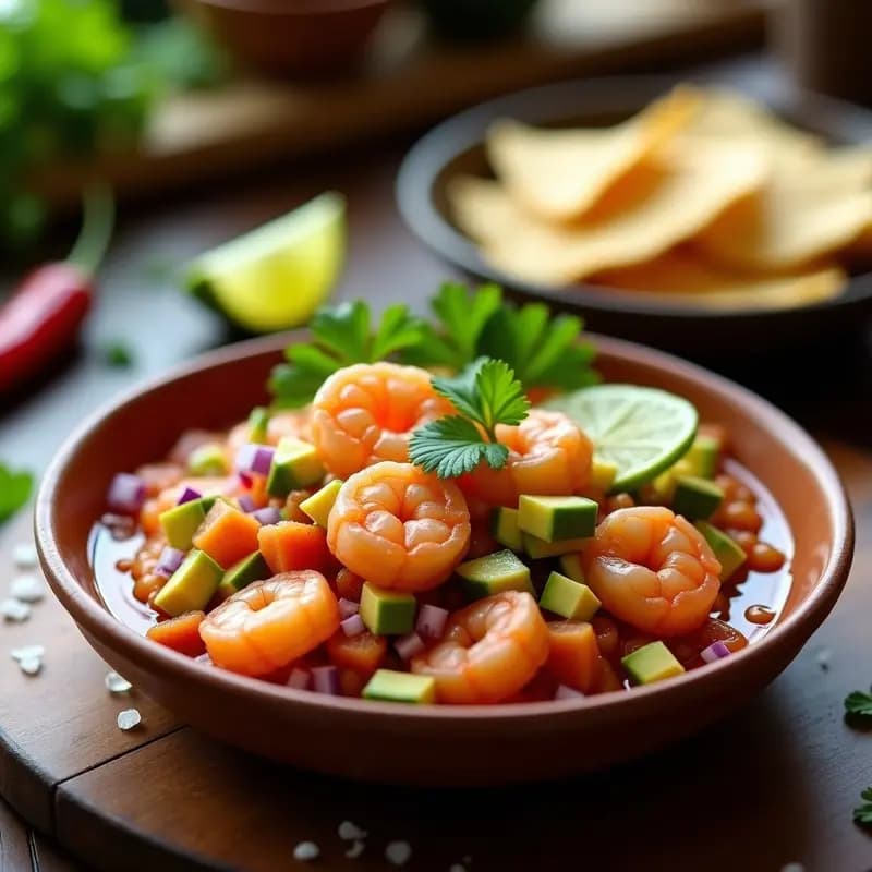 Ceviche de camarones con chile de árbol y aguacate servido en plato de barro, con trozos de camarón rosado, cubos de aguacate verde, cebolla morada y cilantro fresco, acompañado de tostadas de maíz azul y rodajas de limón.