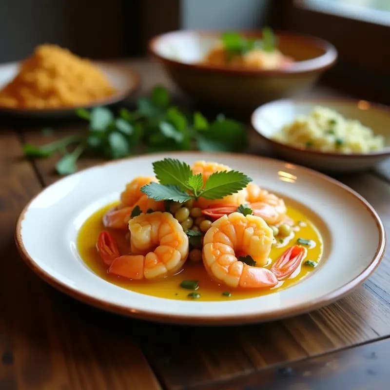 Ceviche filipino de camarones con leche de coco y cúrcuma servido en plato blanco, decorado con cilantro fresco, cebolla morada y rodajas de limón verde, con un fondo de hojas de plátano.
