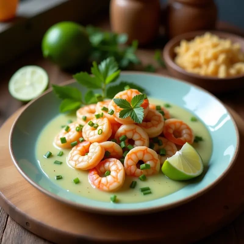 Ceviche de camarones con cocos verdes rallados y leche de limón servido en copa de cristal, decorado con rodajas de limón y hojas de cilantro fresco. Plato refrescante y colorido típico de la cocina ecuatoriana.