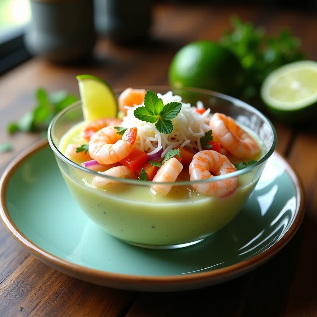 Ceviche de camarones y cocotero con leche de limón verde servido en copa de cristal, con camarones rosados, cocotero rallado blanco, cebolla morada y hojas de menta fresca. Receta caribeña fresca y sin cocción.