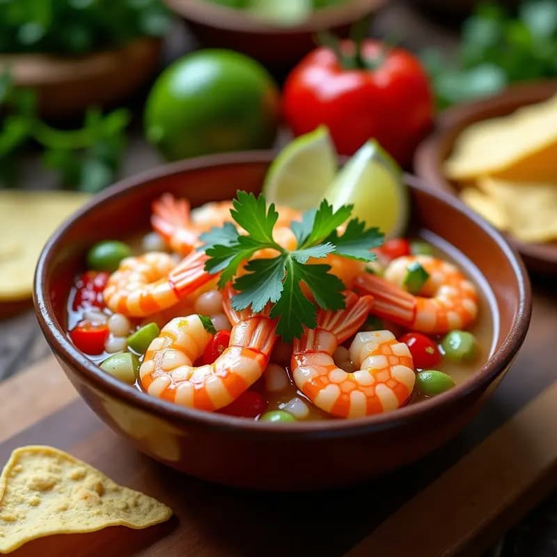 Ceviche de camarones al estilo Ecuador servido sobre hojas de lechuga romana, con trozos de cebolla blanca, tomate, pimiento rojo y cilantro fresco. Acompañado de chifles crujientes y rodajas de limón verde, en un plato de cerámica blanca con fondo rústico.