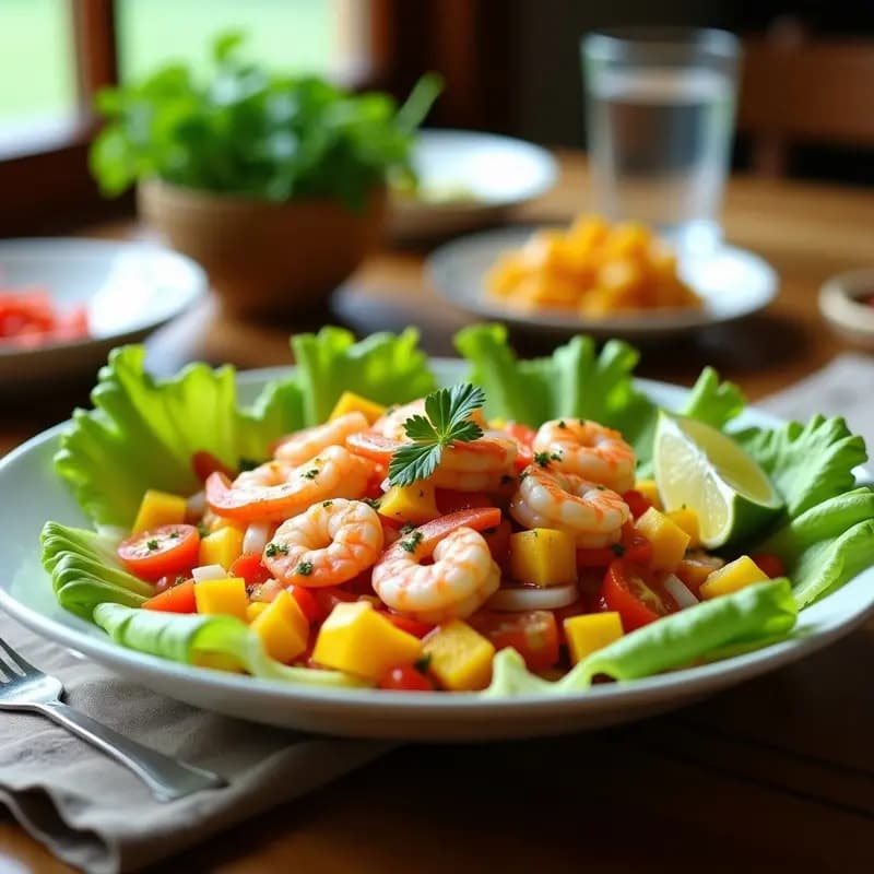 Ceviche ecuatoriano de camarones rosados marinados con cubos dorados de mango, cebolla morada en juliana y tomate de árbol, servido sobre hojas crujientes de lechuga romana en un plato blanco rústico, bañado en leche de tigre anaranjada.