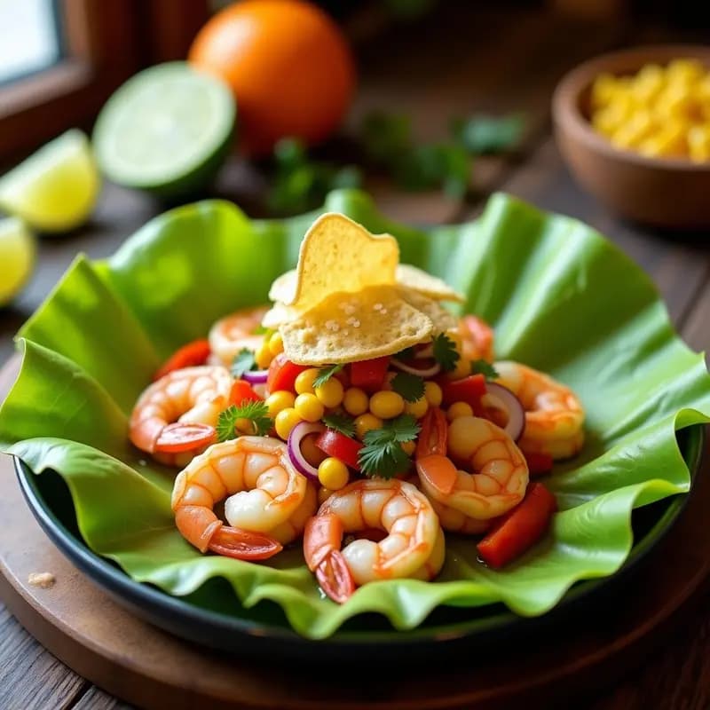 Ceviche de camarones ecuatoriano servido en plato hondo sobre hojas de lechuga morada, con granos de maíz amarillo, trozos de camarón marinado, cebolla morada, tomate cherry y cilantro fresco. Acompañado de tostadas de pan de yuca y decorado con gajos de naranja.