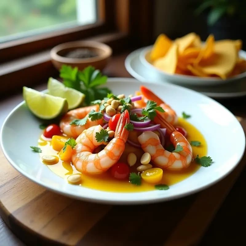 Ceviche de camarones ecuatoriano servido en plato hondo sobre hojas de lechuga morada, acompañado de chifle crujiente, aguacate en cubos y maíz tostado. Los camarones marinado en leche de tigre amarilla con trozos de cebolla, tomate y cilantro fresco.