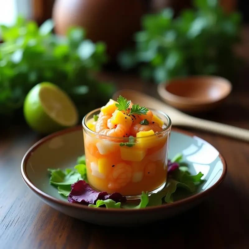 Ceviche de camarón ecuatoriano con mango y cilantro servido en hoja de lechuga, con aguacate en cubos y chifles alrededor. Plato fresco y colorido con tonos naranjas, verdes y rosados, típico de la gastronomía costera de Ecuador.
