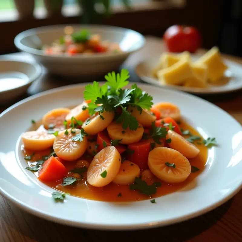 Ceviche de camarones con jitomate y cilantro servido en copa de cristal sobre mesa rústica de madera, con tostadas de yuca al lado y hojas de cilantro fresco decorando. Receta colombiana fresca y sin cocción.