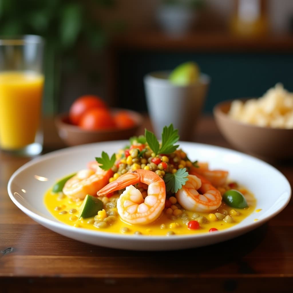 Ceviche tailandés low-carb de camarones con leche de coco y cúrcuma, servido en un plato hondo de cerámica blanca con rodajas de pepino, cilantro fresco y un hilo de aceite de sésamo, sobre un fondo de madera rústica.