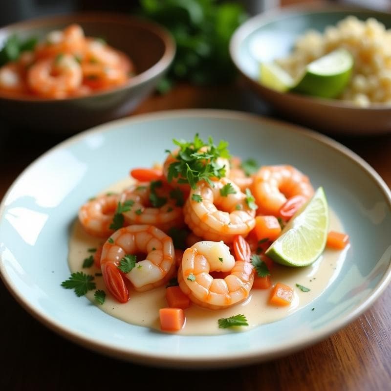 Ceviche de camarones ecuatoriano en copa de cristal con leche de coco, trozos de camarón rosado, cebolla morada, tomate y cilantro, decorado con gajos de lima sobre fondo blanco.