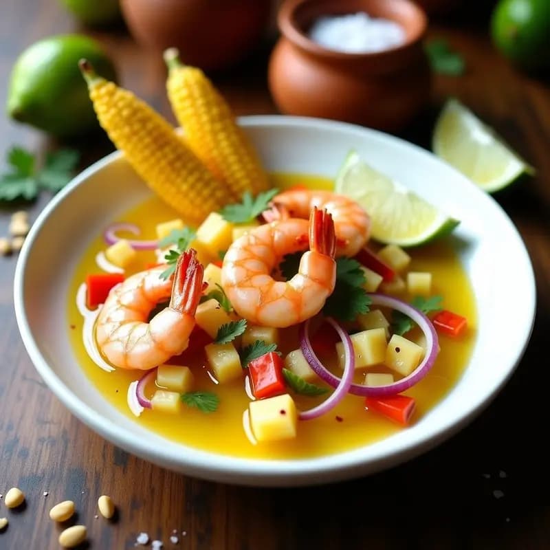Plato de ceviche de camarones con leche de tigre y choclo servido en un bowl de cerámica blanca, con rodajas de choclo amarillo, cebolla roja en juliana y hojas de huacatay, sobre un fondo rústico de madera.