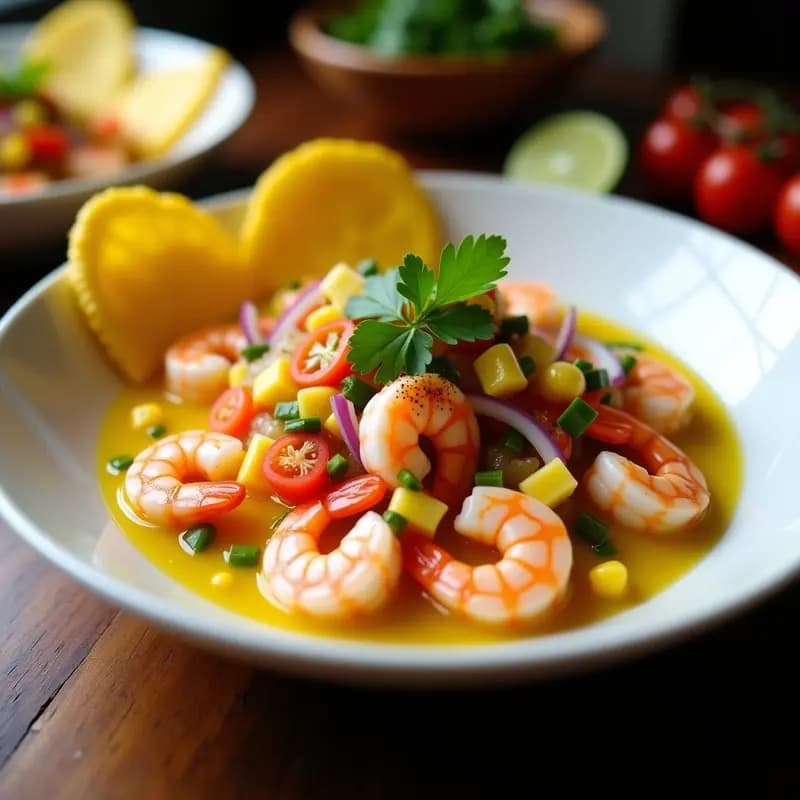 Ceviche ecuatoriano de camarones con leche de tigre y maíz, servido en plato hondo sobre hojas de lechuga, con rodajas de limón y cilantro fresco, colores vibrantes y textura fresca.