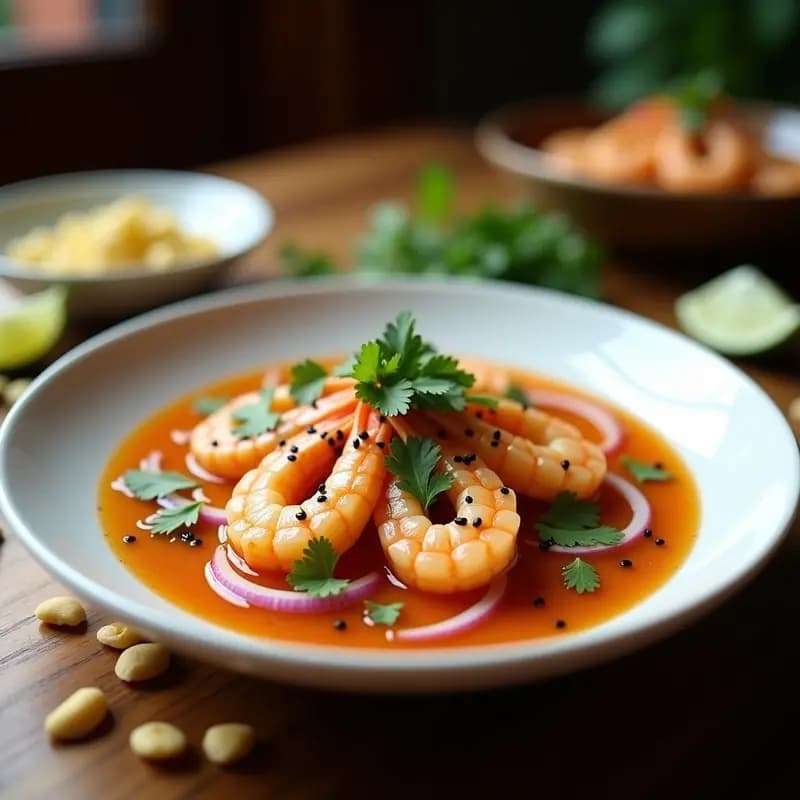 Ceviche de camarones con leche de tigre de tamarindo servido en plato blanco sobre fondo rústico, con trozos de camarón rosado, cebolla morada, cilantro fresco y semillas de sésamo negro, acompañado de cancha serrana tostada.