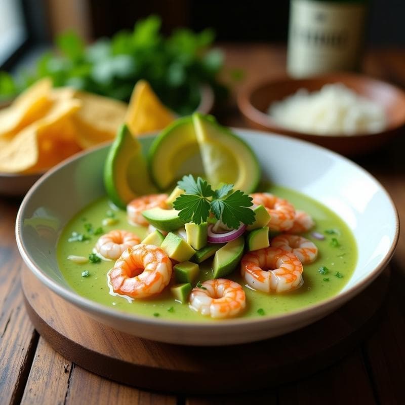 Plato hondo de cerámica blanca con ceviche de camarones y leche de tigre verde, decorado con cubos de aguacate, cebolla morada en juliana y hojas de cilantro fresco. Rodajas de lima verde al lado y tortitas de maíz como acompañamiento. Receta peruana fresca y colorida.