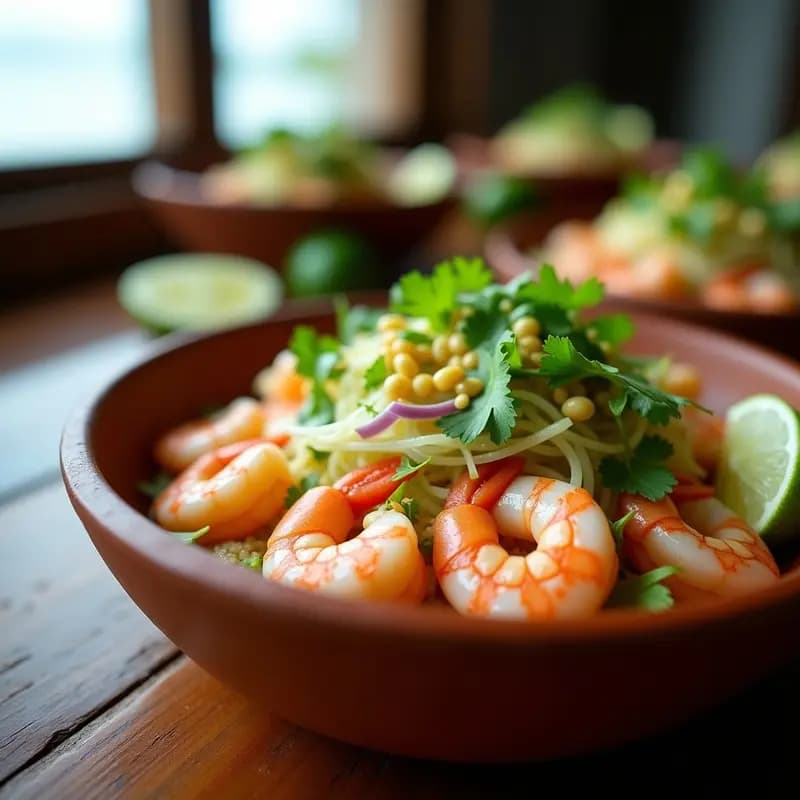 Ceviche ecuatoriano fresco con camarones rosados, lechuga de mar verde esmeralda, rodajas de limón amarillo y cebolla morada, servido en un plato de barro con decoración de cilantro.