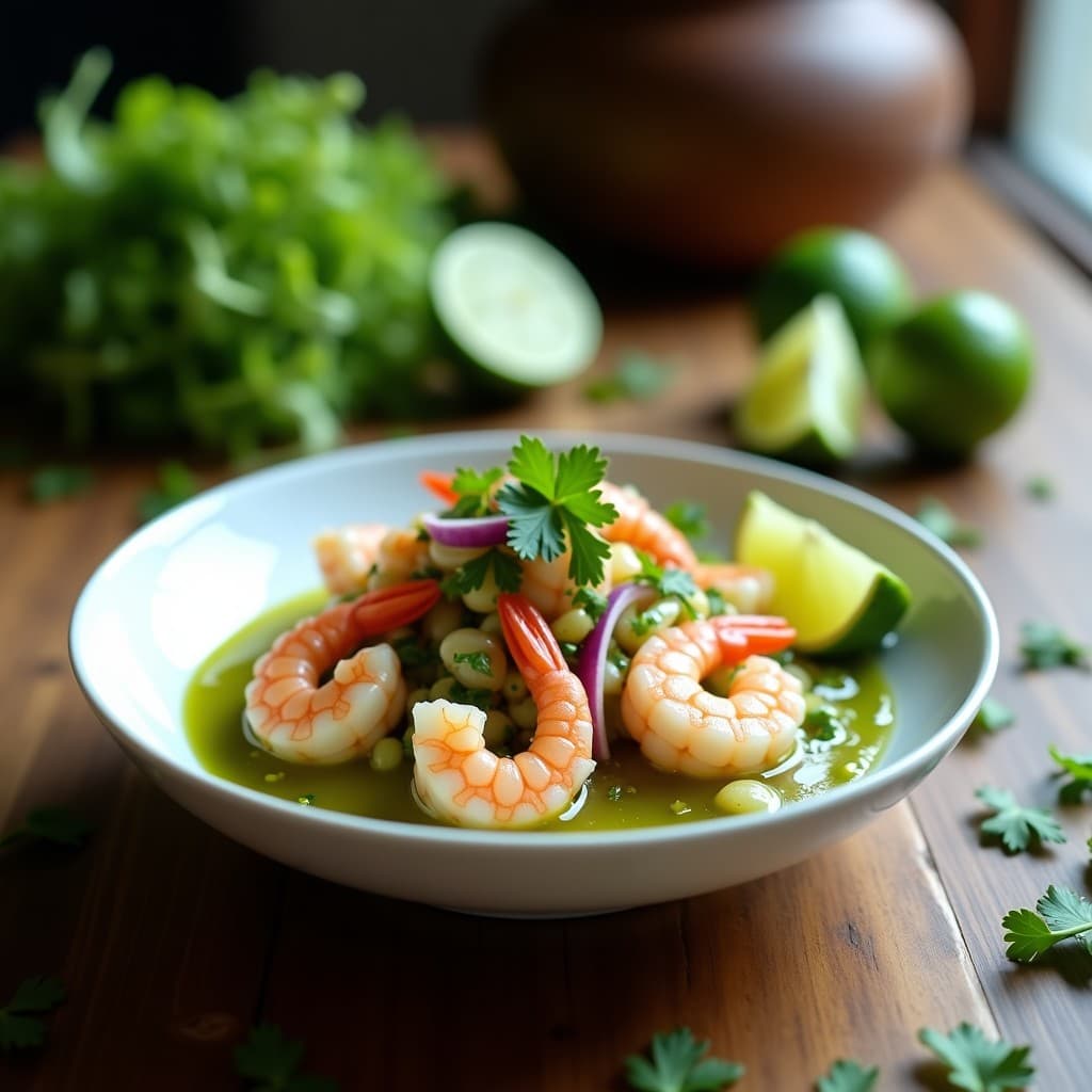 Ceviche de camarones con lechuga de mar y limón verde en plato blanco, decorado con rodajas de limón y cilantro fresco, receta peruana keto.