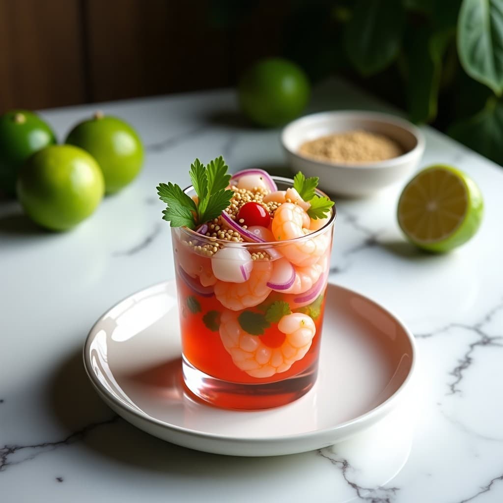 Ceviche de camarones y lichi con vinagreta de jengibre y lima servido en copa de cristal transparente, con trozos de camarones rosados, lichis translúcidos, cebolla morada, pimiento rojo y decoración de semillas de sésamo y hojas de menta sobre fondo blanco.
