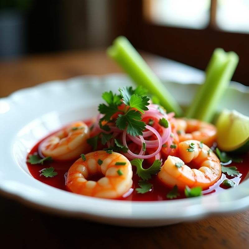 Plato hondo de cerámica blanca con ceviche de camarones rosados marinados en zumo de lima, decorado con cilantro fresco, cebolla morada en juliana y bañado en un líquido rojo intenso de agua de Jamaica. Acompañado de rodajas de limón verde y ramitas de apio al lado.
