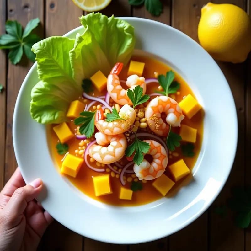 Plato hondo de cerámica blanca con ceviche de camarones al limón con leche de tigre de mango, decorado con rodajas de mango, cebolla roja, papa camot, maíz morado y cancha serrana, sobre un fondo de hojas de culantro y hierbabuena fresca.