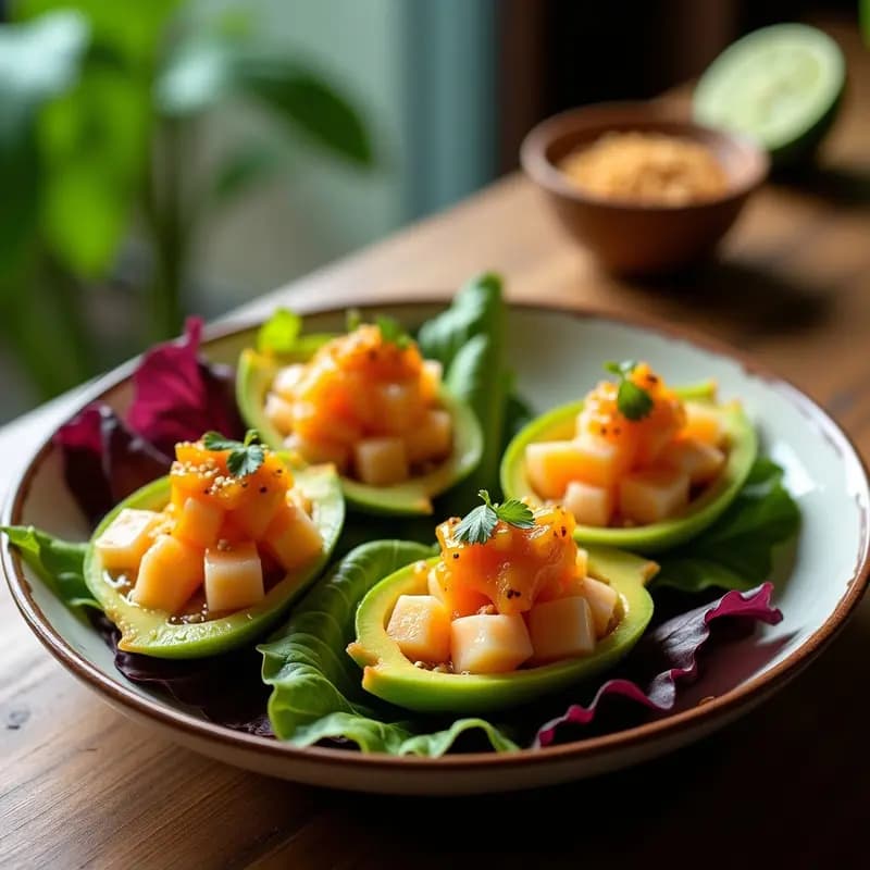 Ceviche de camarones y lulo servido en cáscaras de lulo sobre hojas de lechuga morada, bañado en aderezo brillante de maracuyá y ají amarillo, decorado con semillas de sésamo y cilantro fresco.