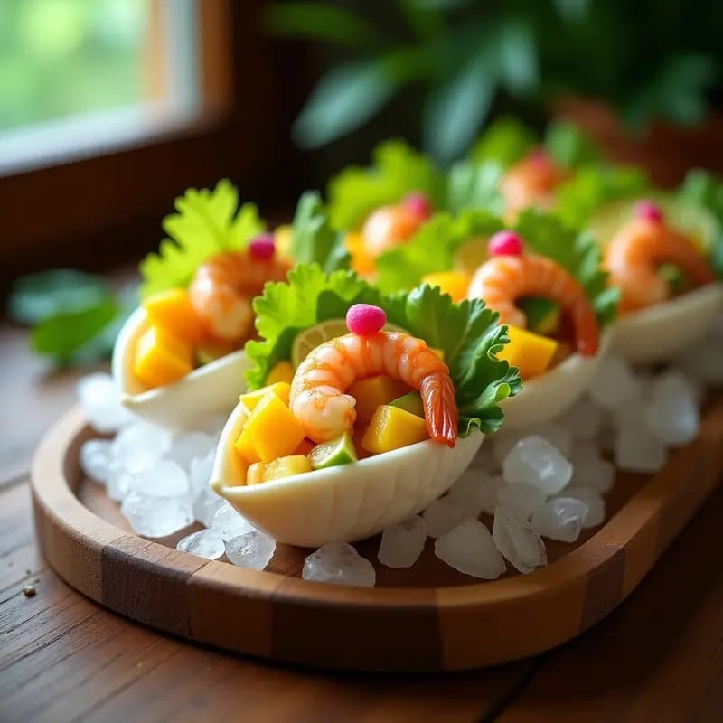 Plato gourmet de ceviche de camarones con mango y aguacate servido en copa de pez blanco, decorado con semillas de sésamo y hojas de cilantro, sobre fondo de lechuga romana y bañado en leche de tigre cítrica.