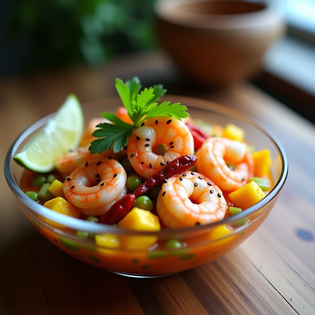 Ceviche de camarones rosados marinados en leche de tigre, mezclados con cubos de mango amarillo, chili de árbol picado y semillas de sésamo negro, servido en copa de cristal con rodaja de limón verde al lado. Receta peruano-mexicana fusion fresca y colorida.