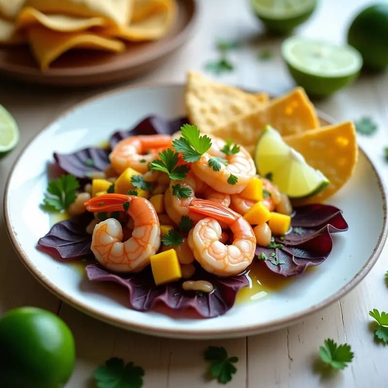 Ceviche de camarones con mango y cilantro servido sobre hojas de lechuga morada, acompañado de tostadas de maíz y decorado con rodajas de limón. Plato fresco y colorido típico de la cocina ecuatoriana.