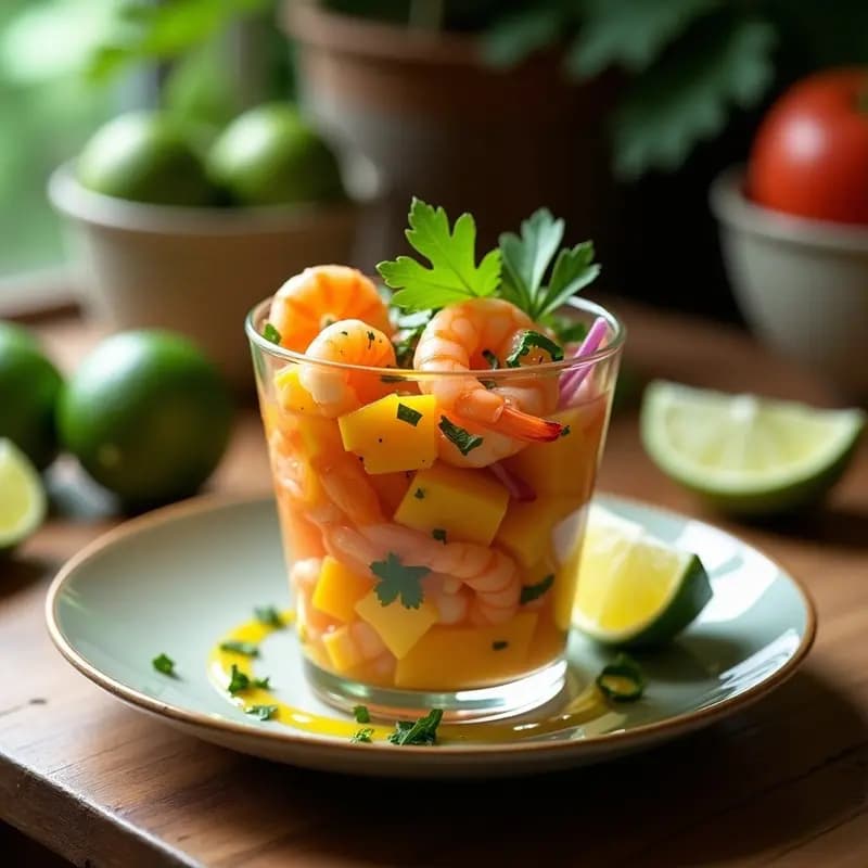 Ceviche de camarones con mango y culantro servido en copa de cristal transparente, con rodajas de limón verde, cebolla morada y hojas de cilantro fresco. Plato costarricense fresco y colorido.