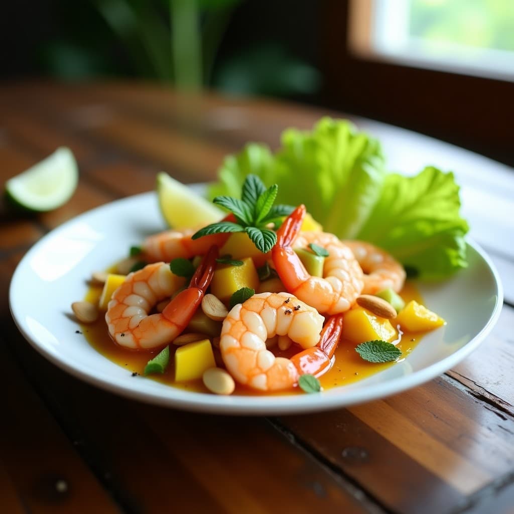 Ceviche costarricense keto y sin gluten de camarones con mango verde, chile habanero y almendras tostadas, servido en un plato blanco con hojas de menta y rodajas de limón verde.