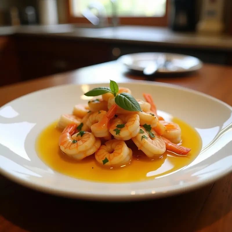 Ceviche de camarones costarricense servido en hoja de plátano, con trozos de camarón marinado en salsa amarilla de maracuyá y coco, coronado con coco rallado tostado y cilantro fresco. Acompañado de rodajas de limón verde y ají dulce.